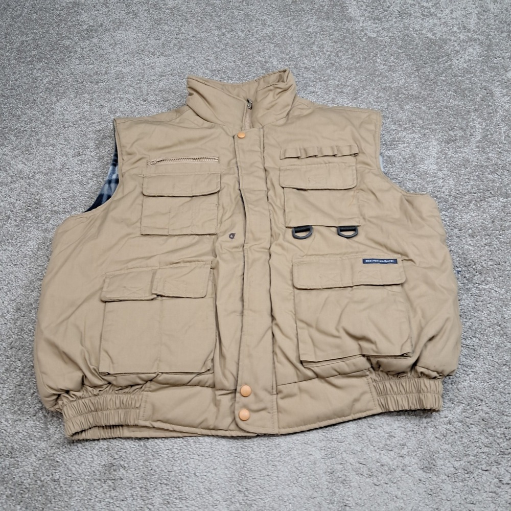 Renegade Mens Utility Vest 2XL Khaki Tan Plaid Fleece Lined Multi-Pocket Fishing
